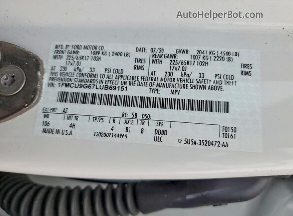 1FMCU9G67LUB69151 2020 FORD ESCAPE White Widok naklejki z numerem VIN