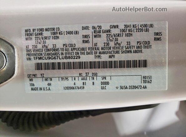 1FMCU9G67LUB80229 2020 FORD ESCAPE White VIN კოდის სტიკერის ხედი