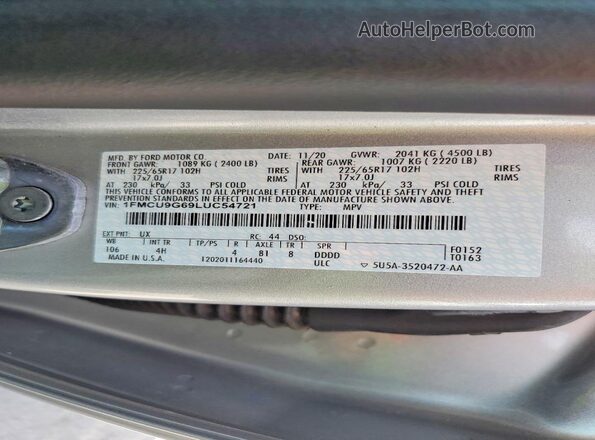 1FMCU9G69LUC54721 2020 FORD ESCAPE Silver VIN կոդի պիտակի տեսք