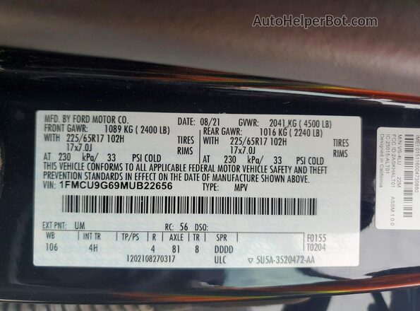 1FMCU9G69MUB22656 2021 FORD ESCAPE Черный Вид наклейки с VIN-кодом