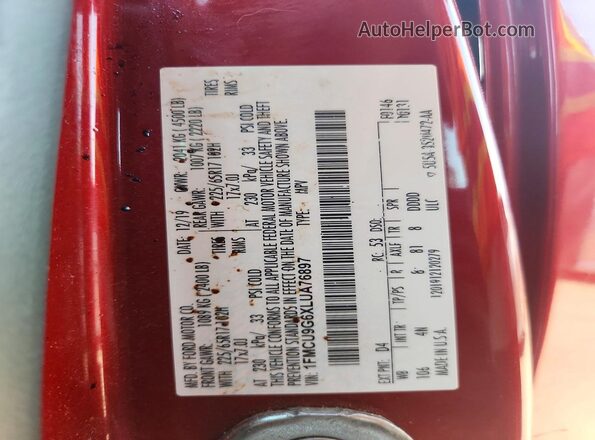 1FMCU9G6XLUA76897 2020 FORD ESCAPE Red VIN კოდის სტიკერის ხედი