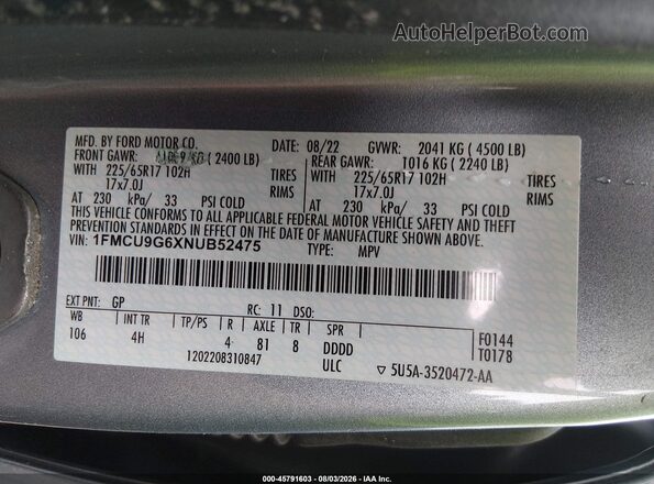 1FMCU9G6XNUB52475 2022 FORD ESCAPE Light Blue Вид подкапотного пространства