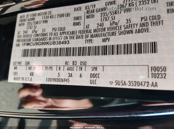 1FMCU9G90KUB38493 2019 FORD ESCAPE Black Вид підкапотного простору