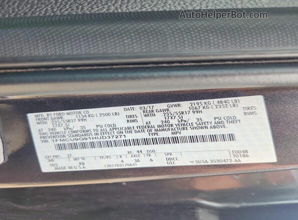 1FMCU9G91HUD37271 2017 FORD ESCAPE Gray VIN sticker view