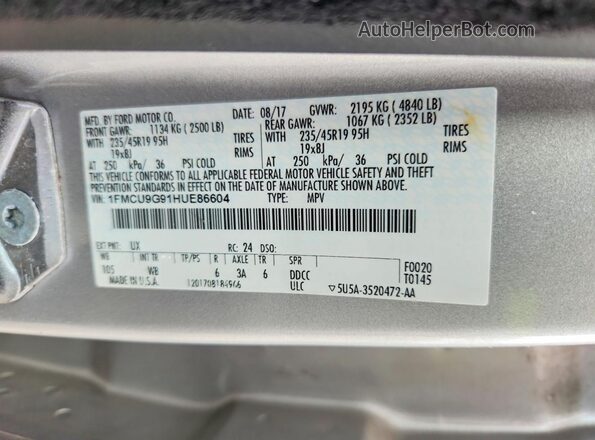 1FMCU9G91HUE86604 2017 FORD ESCAPE Серебряный Вид подкапотного пространства