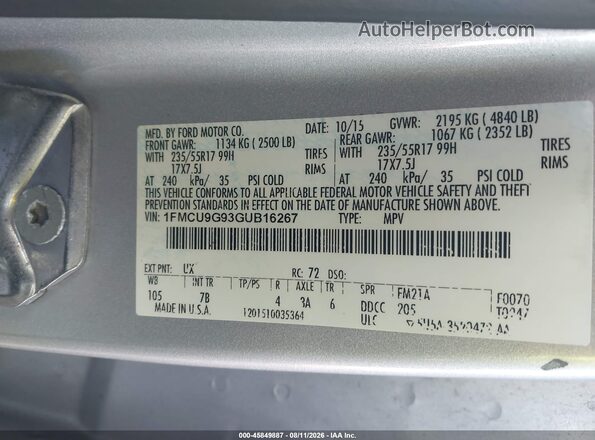 1FMCU9G93GUB16267 2016 FORD ESCAPE Silver Շարժիչի բաժամունքի տեսք