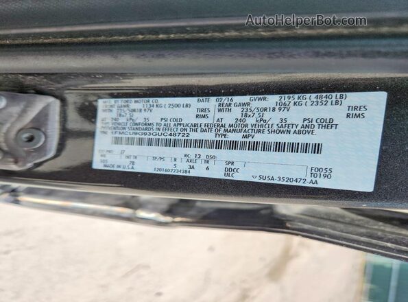 1FMCU9G93GUC48722 2016 FORD ESCAPE Gray VIN კოდის სტიკერის ხედი