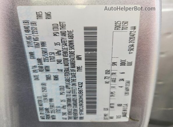 1FMCU9G93HUB67432 2017 FORD ESCAPE Silver VIN sticker view