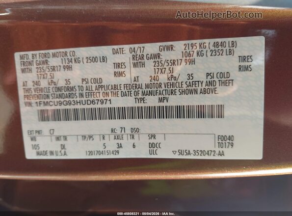1FMCU9G93HUD67971 2017 FORD ESCAPE Dark Brown Widok komory silnika