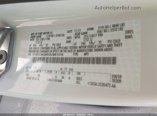 1FMCU9G95GUB61016 2016 FORD ESCAPE White Вид підкапотного простору