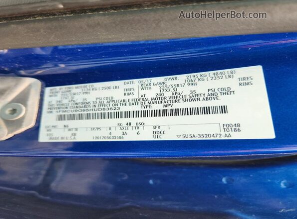 1FMCU9G95HUD83623 2017 FORD ESCAPE Синий Вид наклейки с VIN-кодом