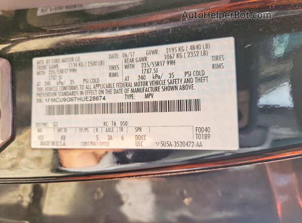 1FMCU9G97HUE28674 2017 FORD ESCAPE Black Вид наклейки з VIN-кодом