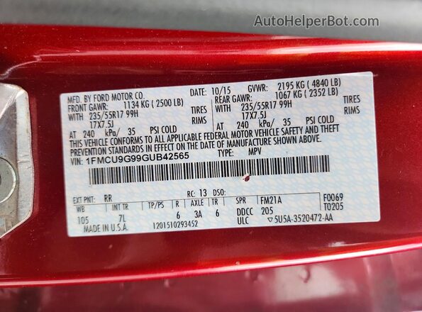 1FMCU9G99GUB42565 2016 FORD ESCAPE Red VIN კოდის სტიკერის ხედი