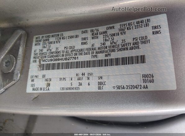 1FMCU9G99HUB27761 2017 FORD ESCAPE Серебряный Вид подкапотного пространства