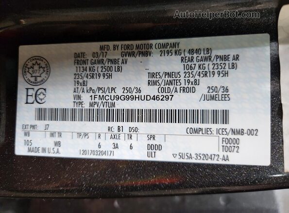 1FMCU9G99HUD46297 2017 FORD ESCAPE Charcoal Vista del compartimento del motor