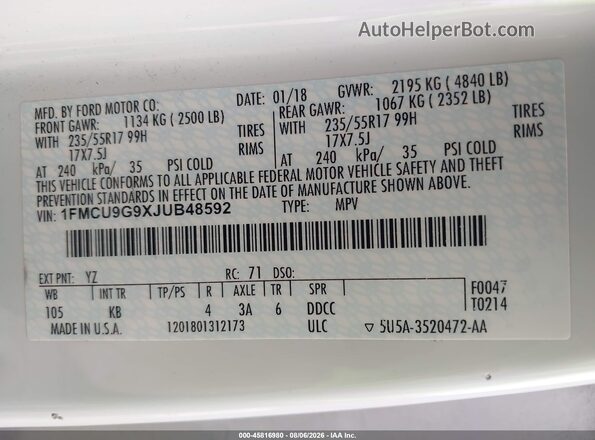 1FMCU9G9XJUB48592 2018 FORD ESCAPE White Engine compartment view