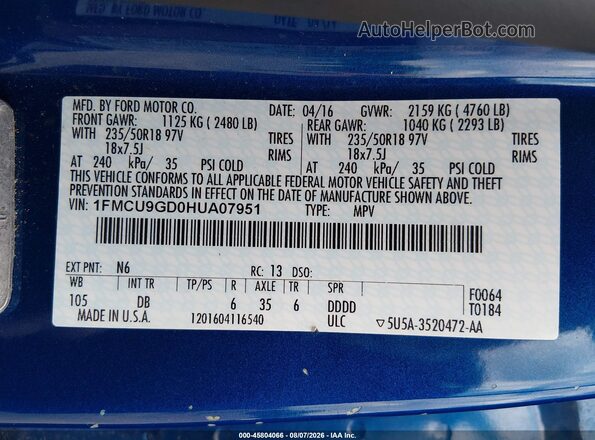 1FMCU9GD0HUA07951 2017 FORD ESCAPE Blue Вид підкапотного простору