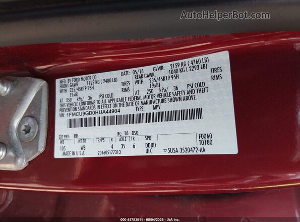 1FMCU9GD0HUA44904 2017 FORD ESCAPE Red Vista del compartimento del motor