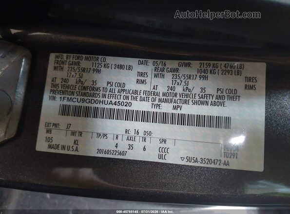 1FMCU9GD0HUA45020 2017 FORD ESCAPE Серый Вид подкапотного пространства