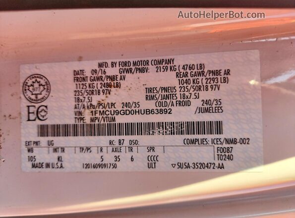 1FMCU9GD0HUB63892 2017 FORD ESCAPE White Widok wnętrza 360 stopni