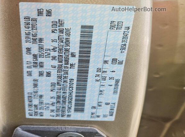 1FMCU9GD0HUC81019 2017 FORD ESCAPE Бежевый Вид наклейки с VIN-кодом