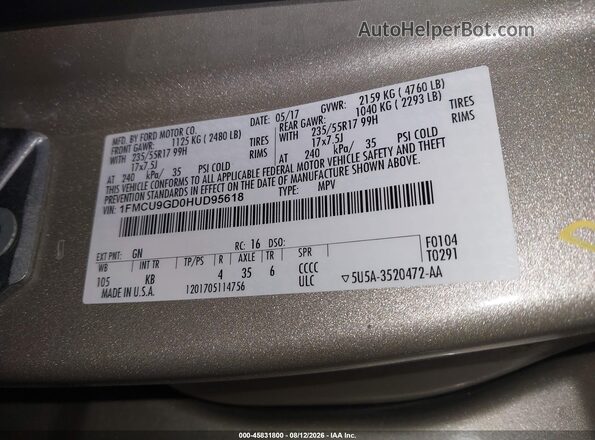 1FMCU9GD0HUD95618 2017 FORD ESCAPE Cream ძრავის განყოფილების ხედი