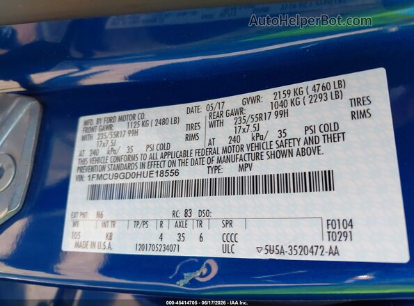 1FMCU9GD0HUE18556 2017 FORD ESCAPE Blue Вид підкапотного простору