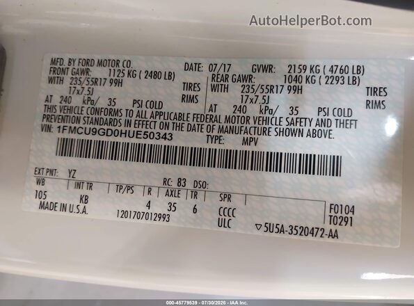 1FMCU9GD0HUE50343 2017 FORD ESCAPE White Widok komory silnika