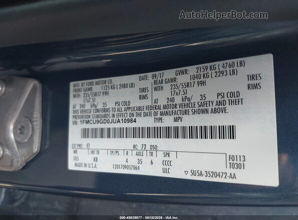 1FMCU9GD0JUA10984 2018 FORD ESCAPE Blue ძრავის განყოფილების ხედი