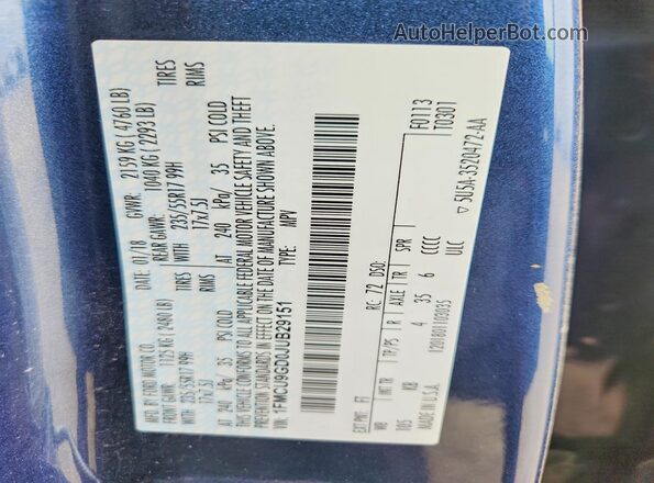1FMCU9GD0JUB29151 2018 FORD ESCAPE Blue VIN sticker view