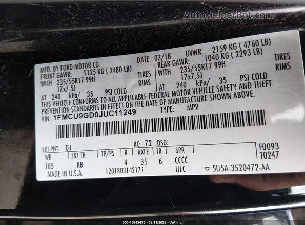 1FMCU9GD0JUC11249 2018 FORD ESCAPE Black Շարժիչի բաժամունքի տեսք