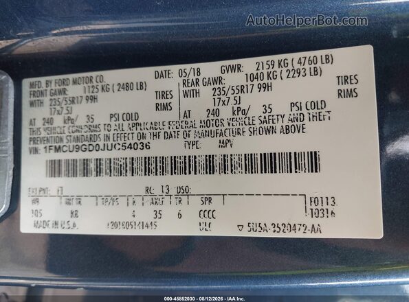 1FMCU9GD0JUC54036 2018 FORD ESCAPE Blue Вид підкапотного простору
