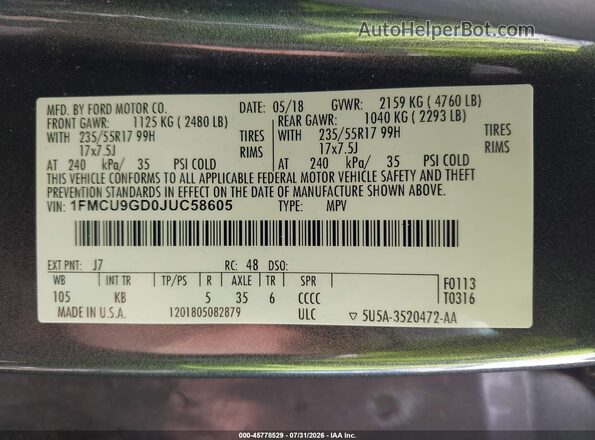 1FMCU9GD0JUC58605 2018 FORD ESCAPE Gray Vista del compartimento del motor