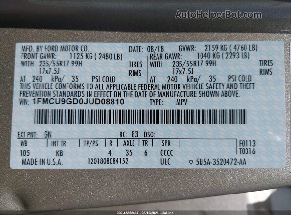 1FMCU9GD0JUD08810 2018 FORD ESCAPE Cream Vista del compartimento del motor