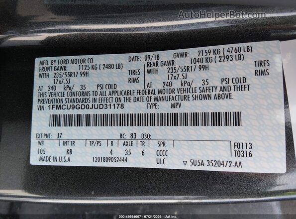 1FMCU9GD0JUD31178 2018 FORD ESCAPE Gray Widok komory silnika