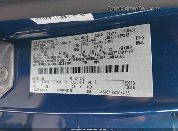 1FMCU9GD0JUD31181 2018 FORD ESCAPE Blue Շարժիչի բաժամունքի տեսք