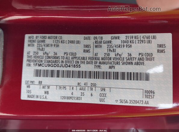 1FMCU9GD0JUD41855 2018 FORD ESCAPE Burgundy Engine compartment view