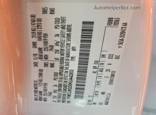 1FMCU9GD0KUA42853 2019 FORD ESCAPE White Панорамний вид салону 360°