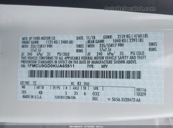 1FMCU9GD0KUA65811 2019 FORD ESCAPE White Widok komory silnika