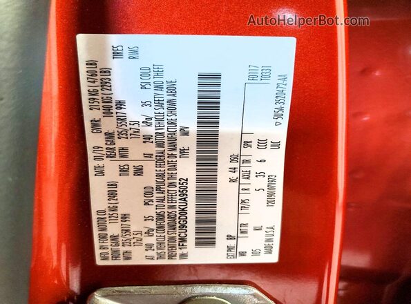 1FMCU9GD0KUA95052 2019 FORD ESCAPE Orange 360 interior view