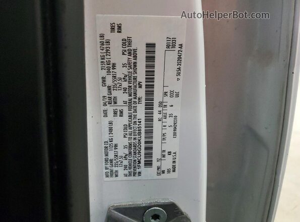 1FMCU9GD0KUB85141 2019 FORD ESCAPE White Widok naklejki z numerem VIN