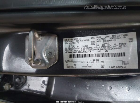 1FMCU9GD0KUC12712 2019 FORD ESCAPE Gray Вид підкапотного простору