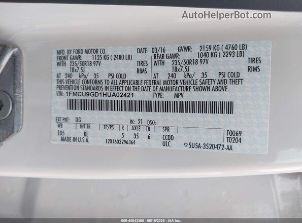 1FMCU9GD1HUA02421 2017 FORD ESCAPE White ძრავის განყოფილების ხედი