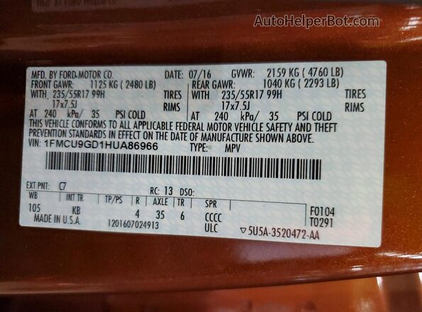 1FMCU9GD1HUA86966 2017 FORD ESCAPE Orange Widok naklejki z numerem VIN