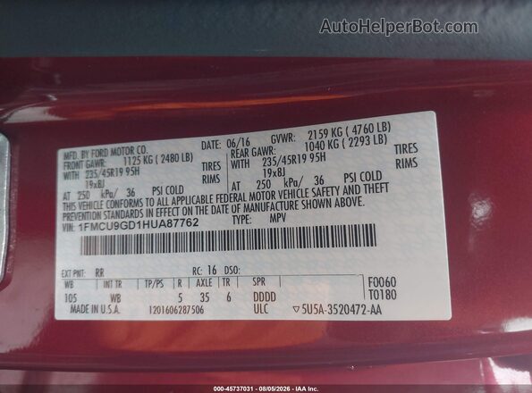 1FMCU9GD1HUA87762 2017 FORD ESCAPE Red Vista del compartimento del motor
