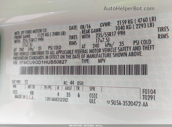 1FMCU9GD1HUB50827 2017 FORD ESCAPE White Vista del compartimento del motor