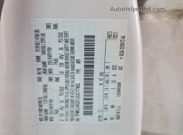 1FMCU9GD1JUC17982 2018 FORD ESCAPE White VIN sticker view