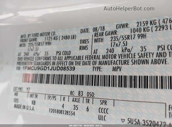1FMCU9GD1JUD08539 2018 FORD ESCAPE White Engine compartment view