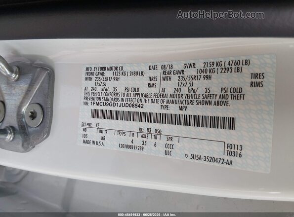 1FMCU9GD1JUD08542 2018 FORD ESCAPE White Vista del compartimento del motor