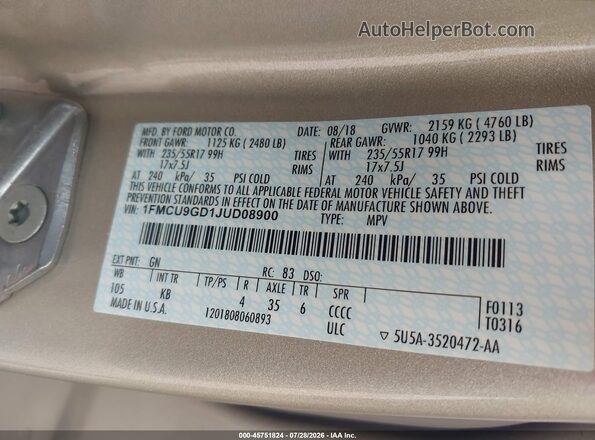 1FMCU9GD1JUD08900 2018 FORD ESCAPE Gold Widok komory silnika